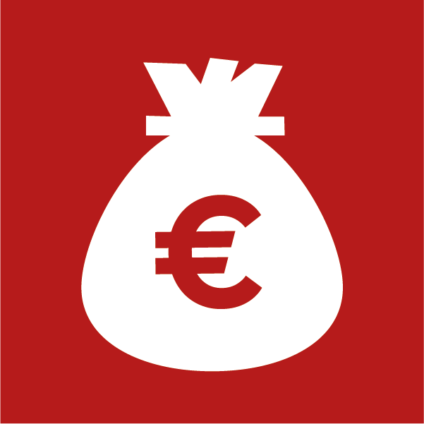 Ein weißer Geldsack mit Euro-Zeichen auf rotem Hintergrund.