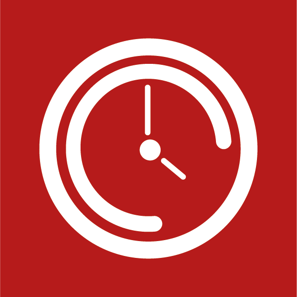 Eine symbolische Uhr mit zwei Kreisen auf rotem Hintergrund.
