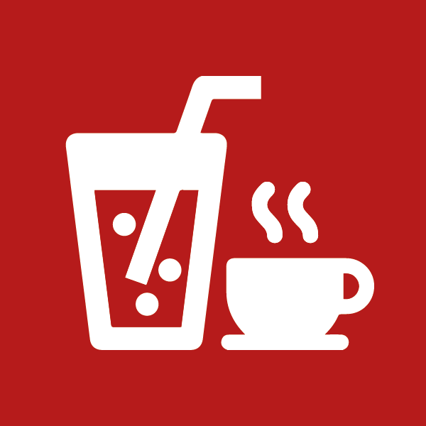 Ein weißer Cocktail mit Strohalm neben einer dampfenden Kaffeetasse auf rotem Hintergrund.