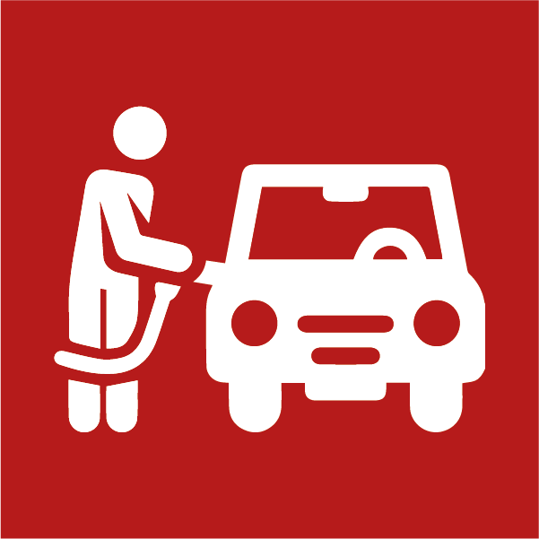 Eine weiße symbolische Figur, die ein weißes Auto auftankt auf rotem Hintergrund.