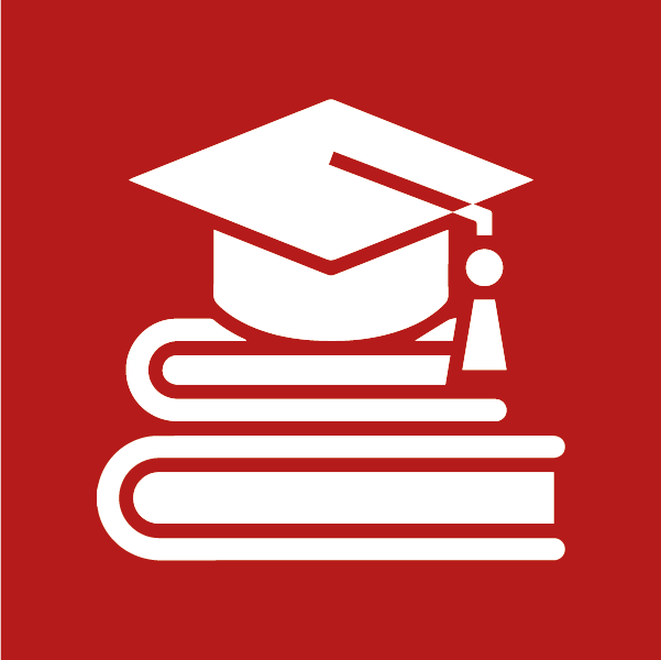 Eine weiße Universitätsmütze auf zwei weißen Büchern auf rotem Hintergrund.